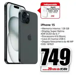 MediaWorld iPhone 15 offerta