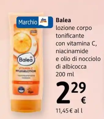 dm drogerie markt Balea lozione corpo tonificante con vitamina C, niacinamide e olio di nocciolo di albicocca offerta