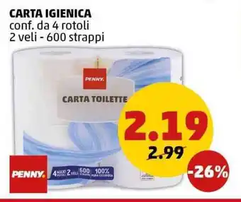 PENNY Carta igienicaCARTA IGIENICA conf. da 4 rotoli 2 veli - 600 strappi offerta