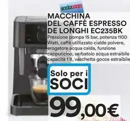 Ipercoop Macchina del caffè espresso DE LONGHI EC235BK offerta