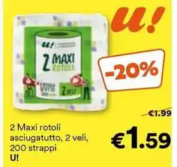 Unes 2 Maxi rotoli asciugatutto, 2 veli, 200 strappi U! offerta