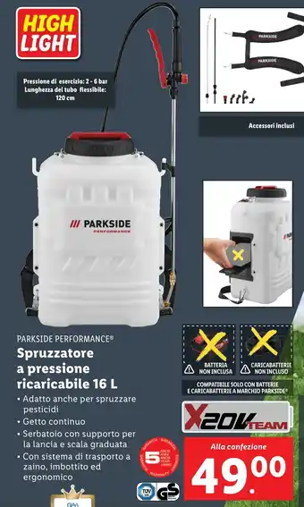 Lidl PARKSIDE PERFORMANCE Spruzzatore a pressione ricaricabile offerta