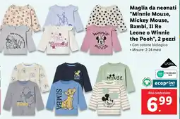 Lidl Maglia da neonati "Minnie Mouse, Mickey Mouse, Bambi, Il Re Leone o Winnie the Pooh", 2 pezzi offerta