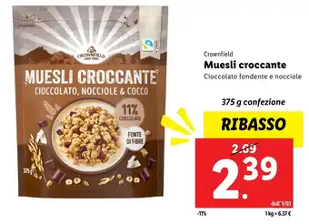 Lidl Crownfield muesli croccante cioccolato fondente e nocciole offerta