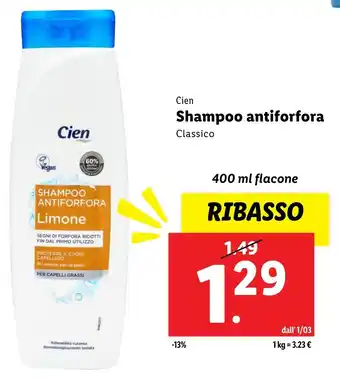 Lidl Cien shampoo antiforfora classico offerta