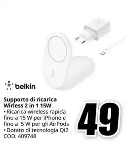 MediaWorld belkin Supporto di ricarica Wirless 2 in 1 15W offerta