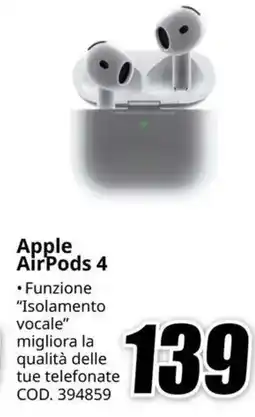 MediaWorld Apple AirPods 4 offerta