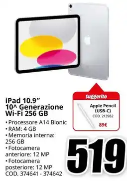 MediaWorld iPad 10.9" 10 Generazione Wi-Fi 256 GB offerta