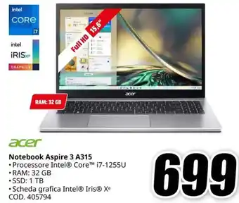 MediaWorld acer Notebook Aspire 3 A315 offerta