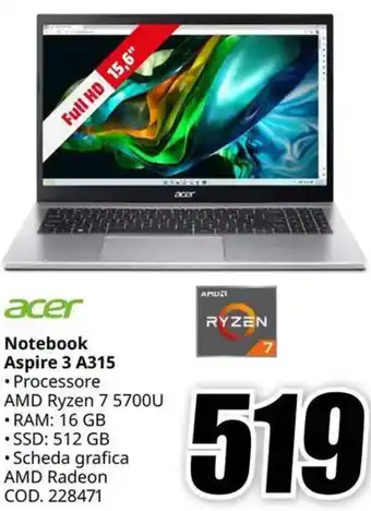 MediaWorld acer Notebook Aspire 3 A315 offerta