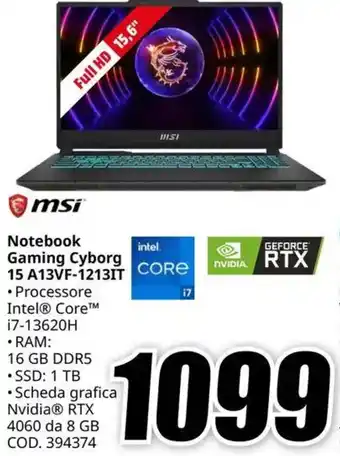 MediaWorld msi Notebook Gaming Cyborg 15 A13VF-1213IT offerta