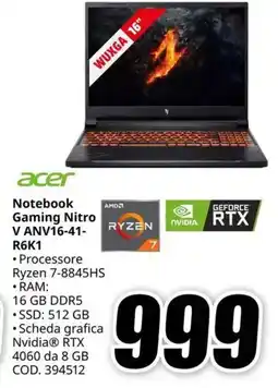 MediaWorld acer Notebook Gaming Nitro V ANV16-41- R6K1 offerta