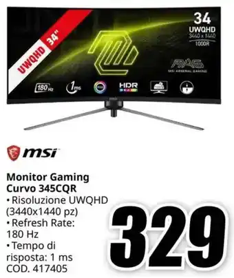 MediaWorld msi Monitor Gaming Curvo 345CQR offerta