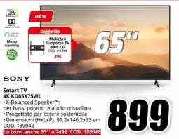 MediaWorld SONY Smart TV 4K KD65X75WL offerta