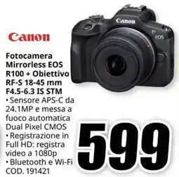 MediaWorld Canon Fotocamera Mirrorless EOS R100 + Obiettivo RF-S 18-45 mm F4.5-6.3 IS STM offerta