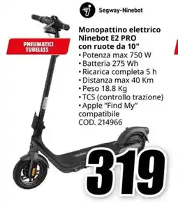 MediaWorld Segway-Ninebot Monopattino elettrico Ninebot E2 PRO con ruote da 10" offerta