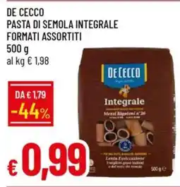 IperFamila De cecco pasta di semola integrale formati assortiti offerta