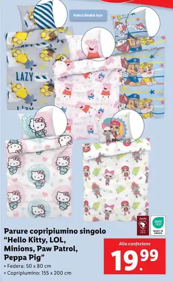 Lidl Parure copripiumino singolo "Hello Kitty, LOL, Minions, Paw Patrol, Peppa Pig" offerta