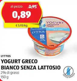 ALDI Lyttos yogurt greco bianco senza lattosio offerta