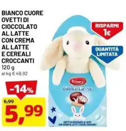 DPiù Bianco cuore ovetti di cioccolato al latte con crema al latte e cereali croccanti offerta