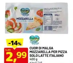 DPiù Cuor di malga mozzarella per pizza solo latte italiano offerta