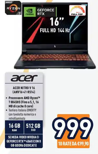 Unieuro acer ACER NITRO V 16 (ANV16-41-R514) offerta