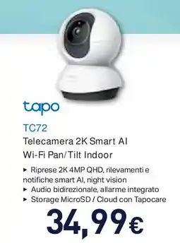 Unieuro tapo TC72 Telecamera 2K Smart Al Wi-Fi Pan/Tilt Indoor offerta