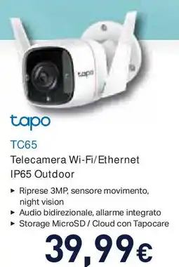 Unieuro tapo TC65 Telecamera Wi-Fi/Ethernet IP65 Outdoor offerta