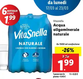 Lidl Vitasnella Acqua oligominerale naturale offerta