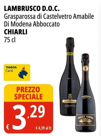 Tigros Lambrusco d.o.c. grasparossa di castelvetro amabile di modena abboccato CHIARLI offerta