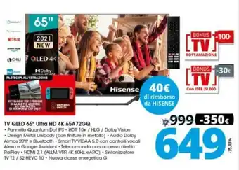 Comet Hisense Tv QLED 65" Ultra HD 4K 65A72GQ offerta