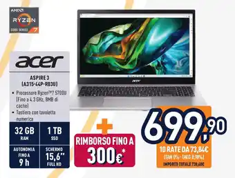 Unieuro acer ASPIRE 3 (A315-44P-RO3U) offerta