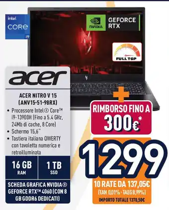 Unieuro ACER NITRO V 15 (ANV15-51-98RX) offerta