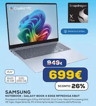 Euronics SAMSUNG NOTEBOOK - GALAXY BOOK 4 EDGE NP750XQA KB1IT offerta