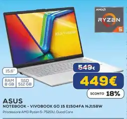 Euronics ASUS NOTEBOOK - VIVOBOOK GO 15 E1504FA NJ158W offerta