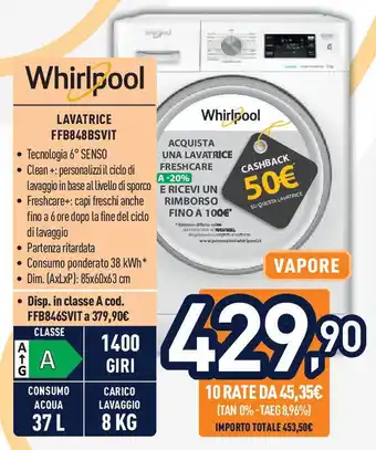 Unieuro Whirlpool Lavatrice FFB848BSVIT offerta