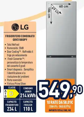 Unieuro LG frigorifero combinato GBV3100DPY offerta