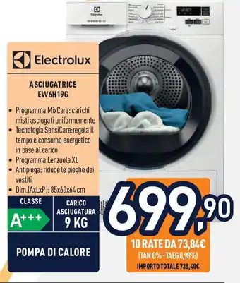 Unieuro Electrolux ASCIUGATRICE EW6H19G offerta