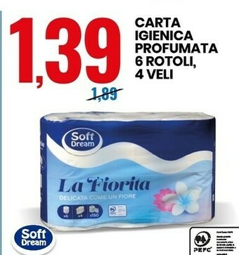 Eurospin Soft dream carta igienica profumata 6 rotoli 4 veli offerta