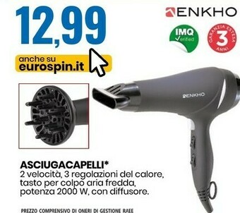 Eurospin Enkho asciugacapelli 2000 w offerta