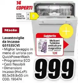 MediaWorld Miele Lavastoviglie da incasso G5153SCVI offerta
