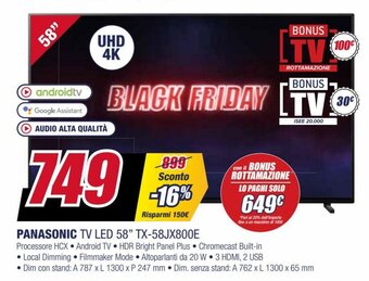 Trony Panasonic Tv Led 58" TX-58JX800E offerta