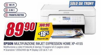 Trony Epson Multifunzione Inkjet Expression Home XP-4155 offerta