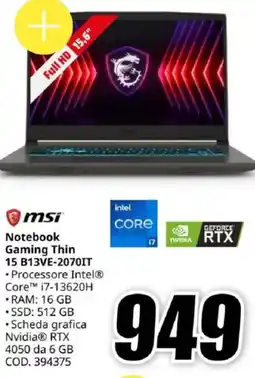 MediaWorld msi Notebook Gaming Thin 15 B13VE-2070IT offerta