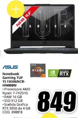MediaWorld ASUS Notebook Gaming TUF 15 FA506NCR- HN008W offerta