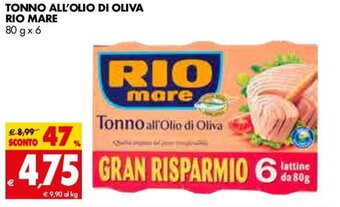 Tigros Rio Mare Tonno All'Olio Di Oliva 80g x 6 offerta