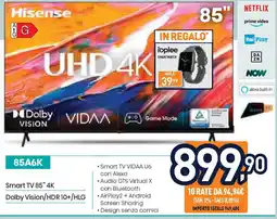 Unieuro Hisense Smart TV 85" 4K Dolby Vision/HDR 10+/HLG offerta