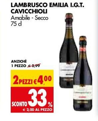 Tigros Cavicchioli Lambrusco Emilia I.G.T. 75cl offerta