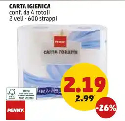 PENNY Carta igienica conf. da 4 rotoli 2 veli - 600 strappi offerta