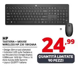Comet HP TASTIERA + MOUSE WIRELESS HP 230 18H24AA offerta